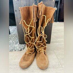Unique Minnetonka Fringe Suede Knee-High Boots - Tan